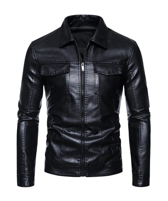 Men's Turn Down Collar Leather Zipper Jacket